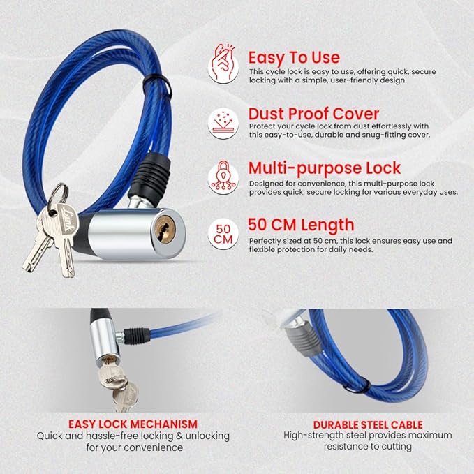 Multipurpose Cable Lock 50 CM Length for Cycles, Bikes, Helmets or Scooters Assorted Colour